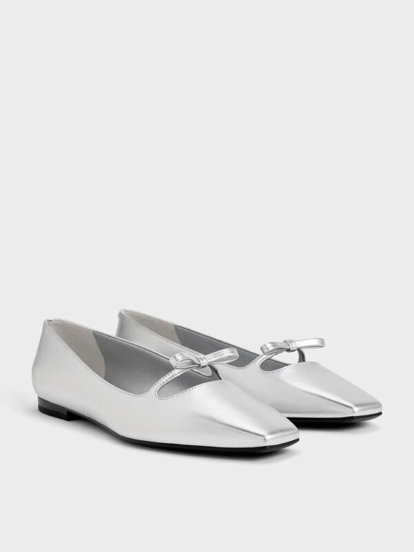 Metallic Bow Square-Toe Ballet Flats - Silver - size 36 - Image 3