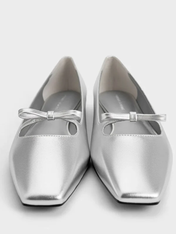 Metallic Bow Square-Toe Ballet Flats - Silver - size 36 - Image 6