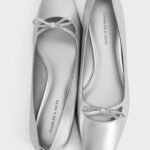 Metallic Bow Square-Toe Ballet Flats - Silver - size 36