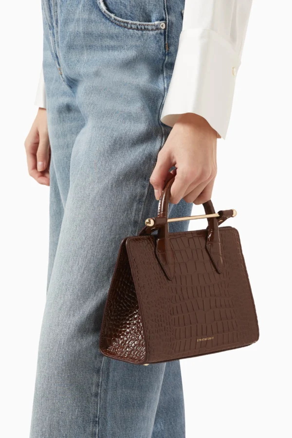 Mini Tote Croc-Embossed Leather Chocolate - Image 4