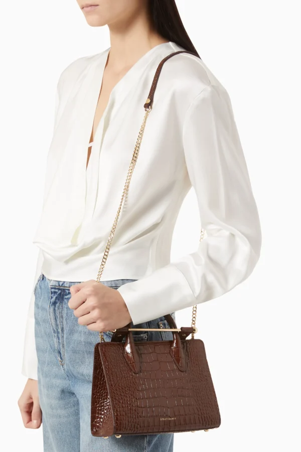 Mini Tote Croc-Embossed Leather Chocolate - Image 5