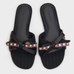 Satin Printed Bow Slide Sandals - Black Textured