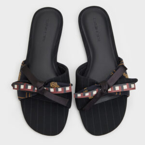 Satin Printed Bow Slide Sandals - Black Textured