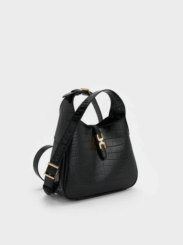 Mini Adalyn Croc-Effect Hobo Bag - Black Croco - Image 3